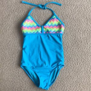 Girls one piece bathing suit, blue w/  sequins S